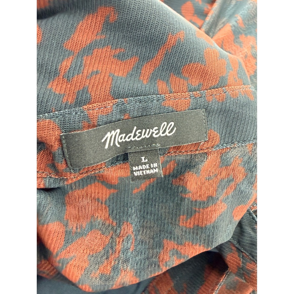 Madewell Mesh Floral Print Ruched Midi Dress Long Sleeve Collared Navy Red Sz L - Picture 4 of 10